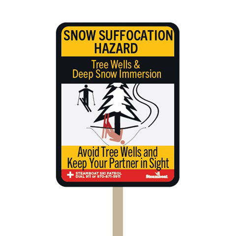 Tree Well and Snow Immersion sign at Steamboat Resort.
