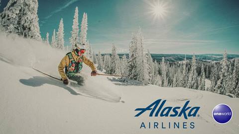 Powder skier with Alaska Airlines logo.
