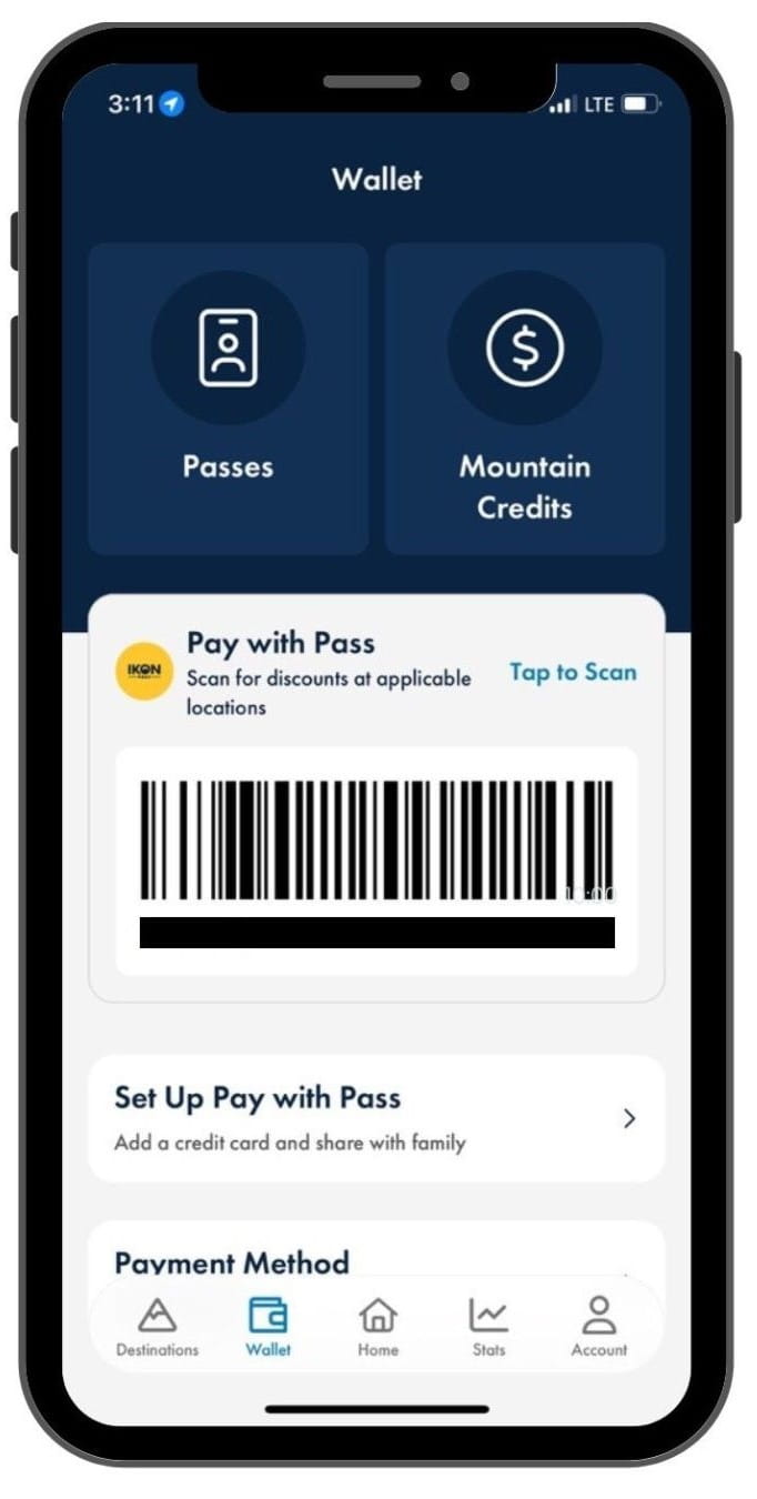 Pay with Pass on Ikon Pass app.