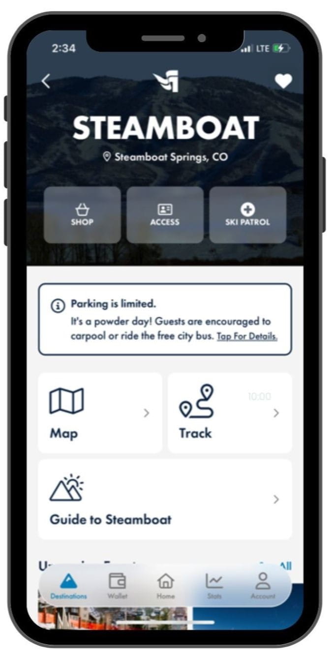Homescreen of Steamboat destination on Ikon Pass app.