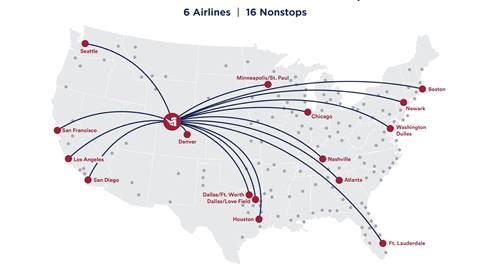Map of cities that fly nonstop to Steamboat