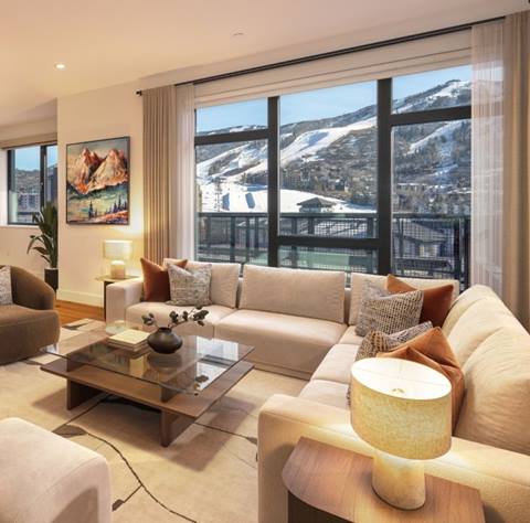 The Amble living room overlooking Steamboat Resort.