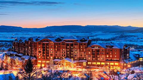 The Steamboat Grand hotel lit up for the night
